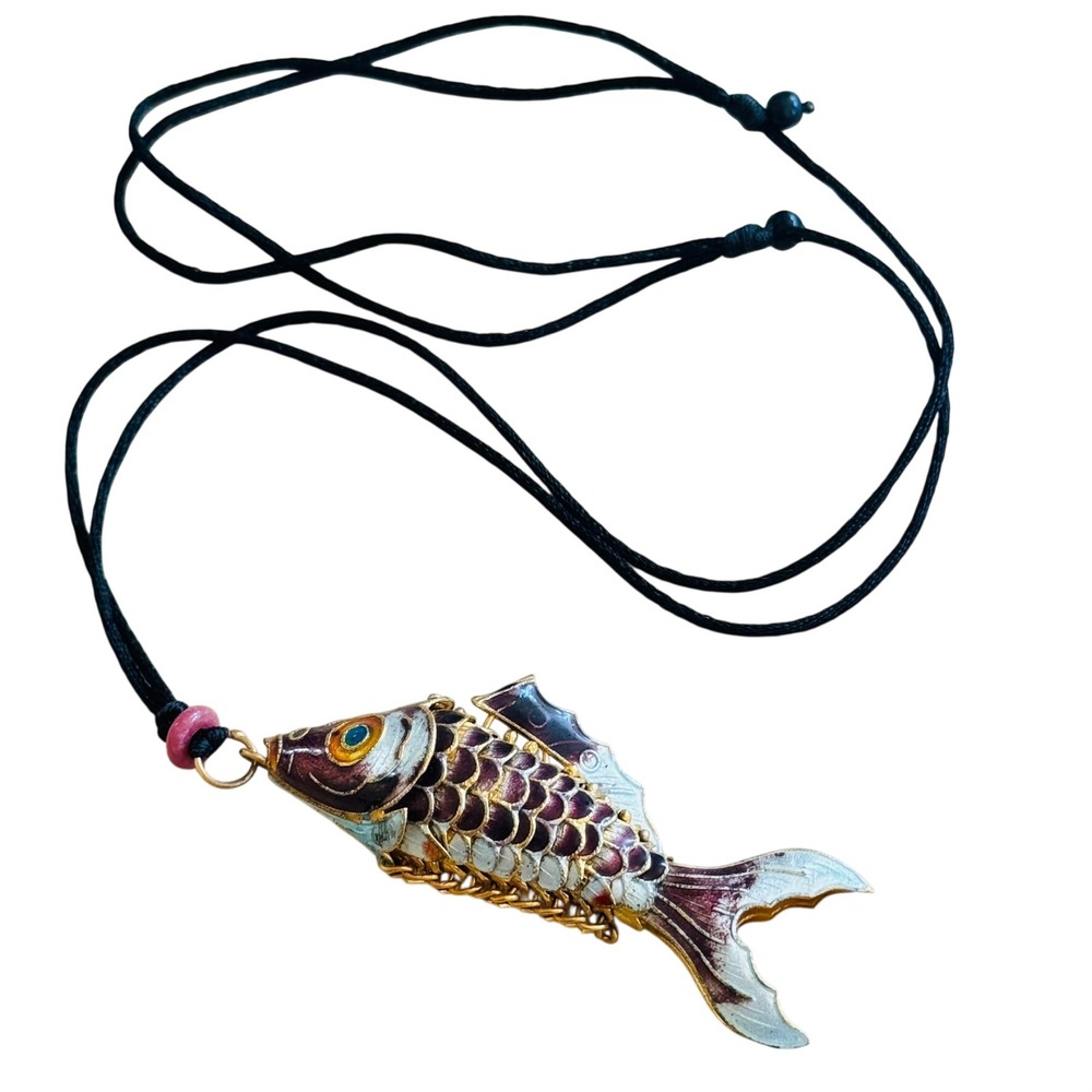 Cloisonne Koi Fish Articulated Charm Pendant Vtg Enamel Purple Large Collectible